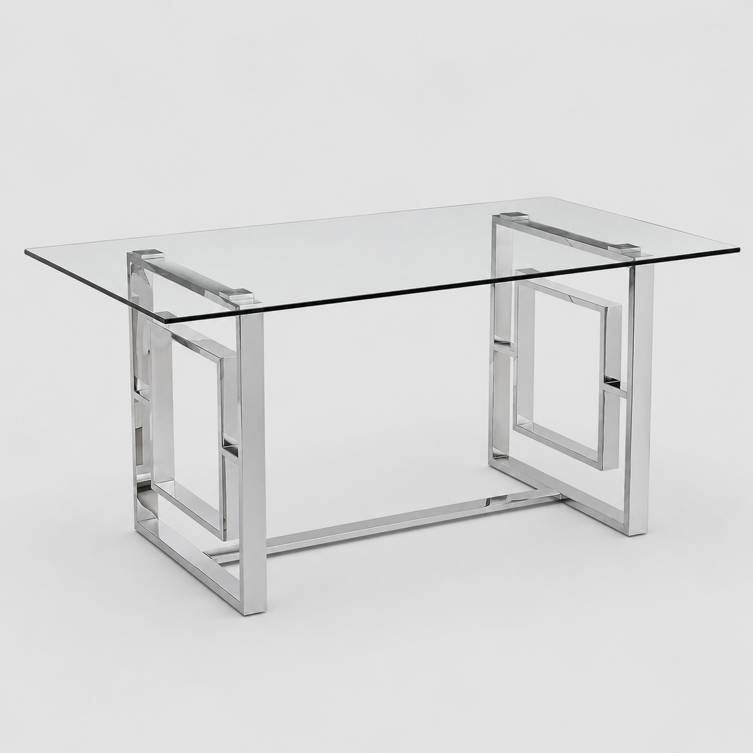 Noir Metallic Dining Table With Tempered Glass Top - Chrome | Modern, Stylish & Built to Last