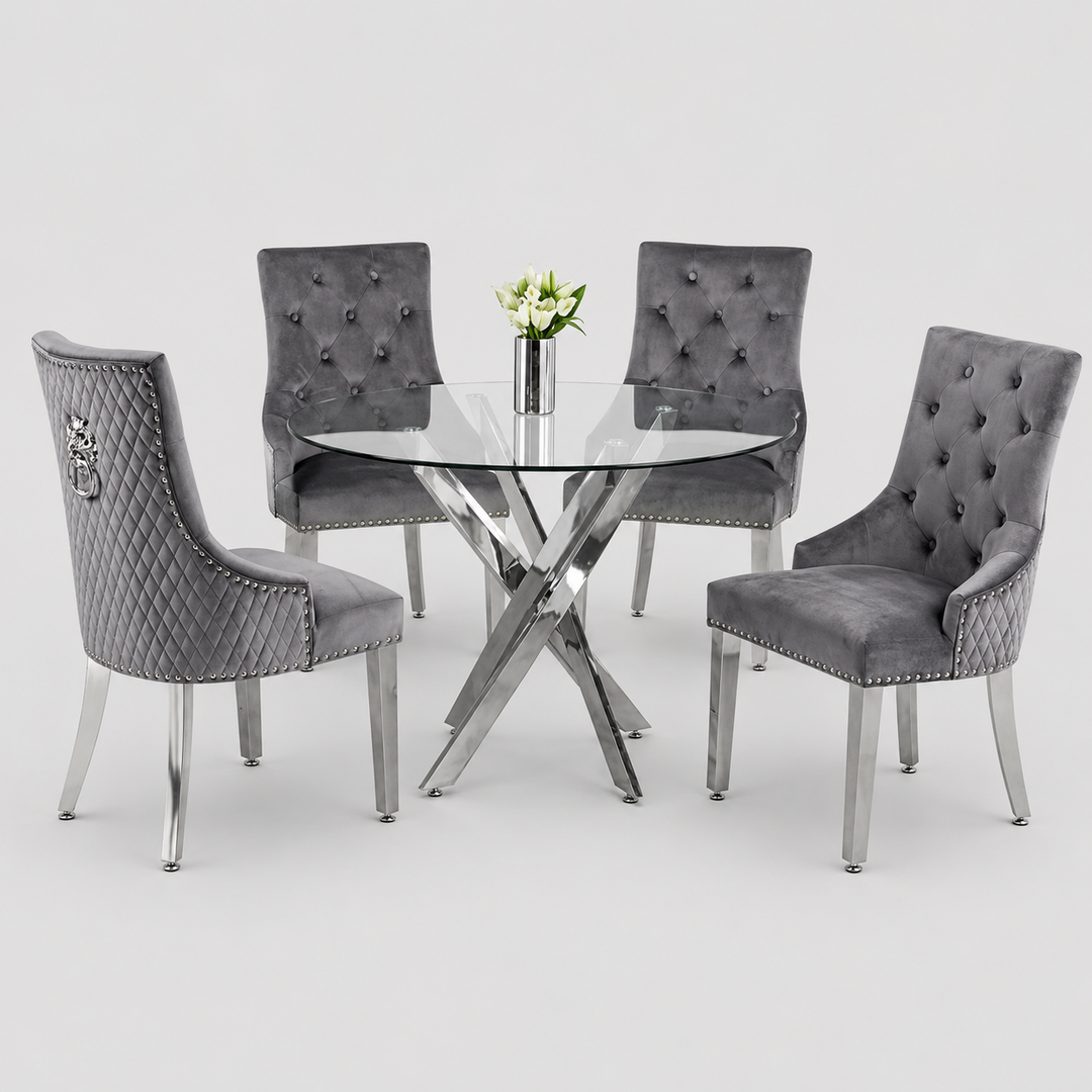 Rovenza 5-Piece Dinette Set – Tempered Clear Glass Table with Chrome Legs & Grey Velvet Lion Knocker Chairs