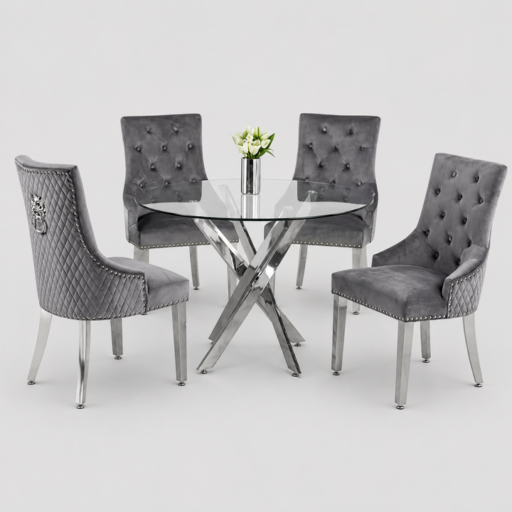 Rovenza 5-Piece Dinette Set – Tempered Clear Glass Table with Chrome Legs & Grey Velvet Lion Knocker Chairs