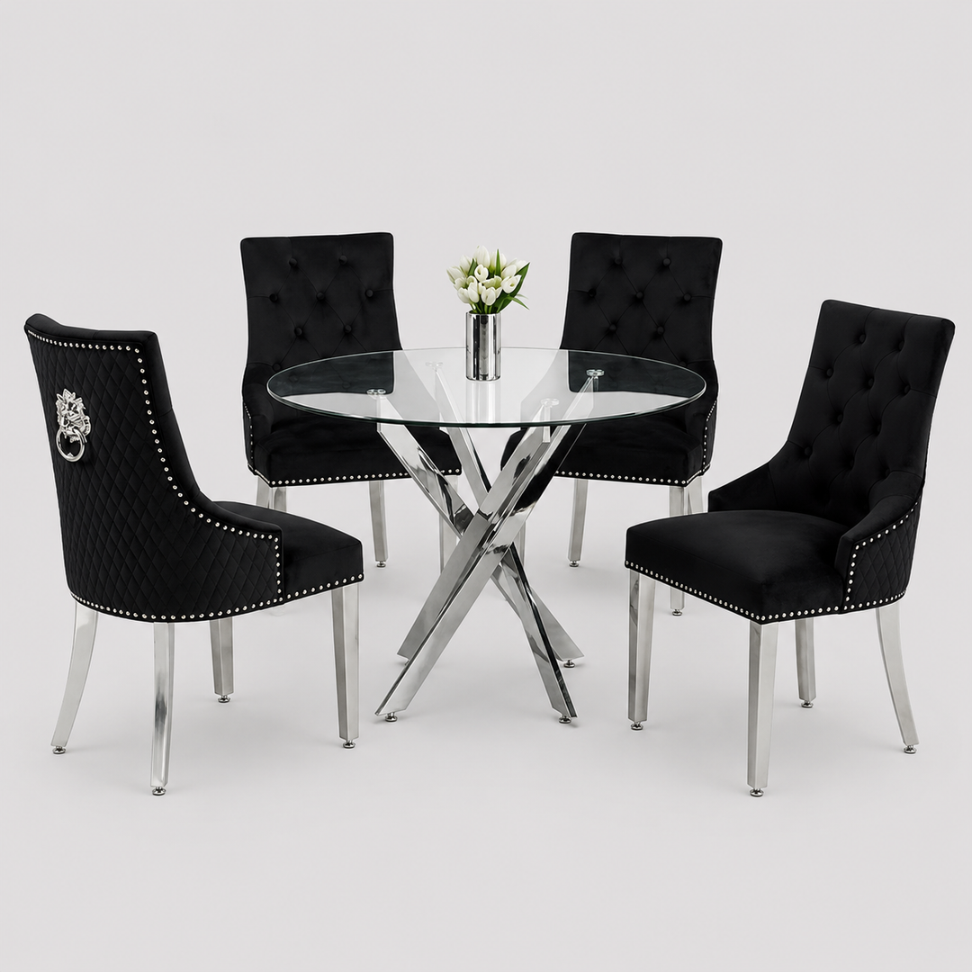 Rovenza 5-Piece Dinette Set – Tempered Clear Glass Table with Chrome Legs & Black Velvet Lion Knocker Chairs