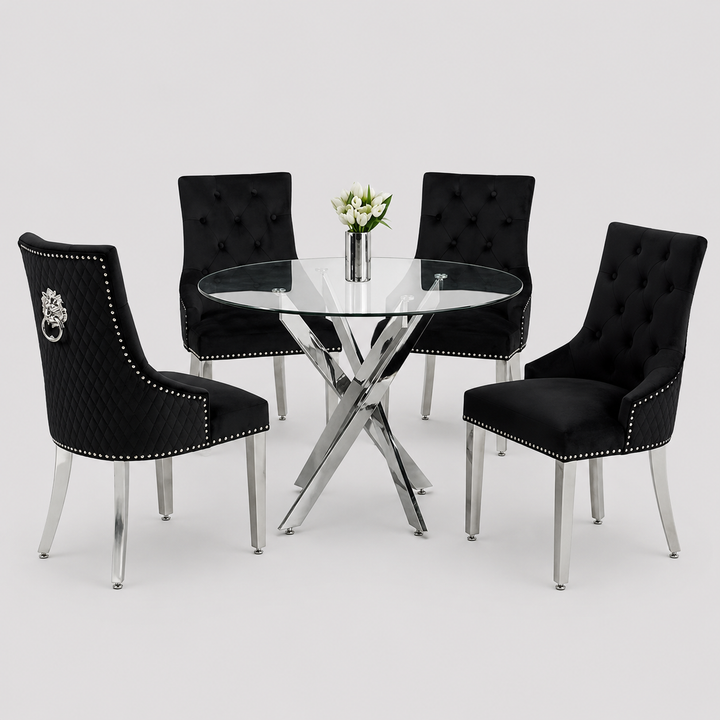 Rovenza 5-Piece Dinette Set – Tempered Clear Glass Table with Chrome Legs & Black Velvet Lion Knocker Chairs