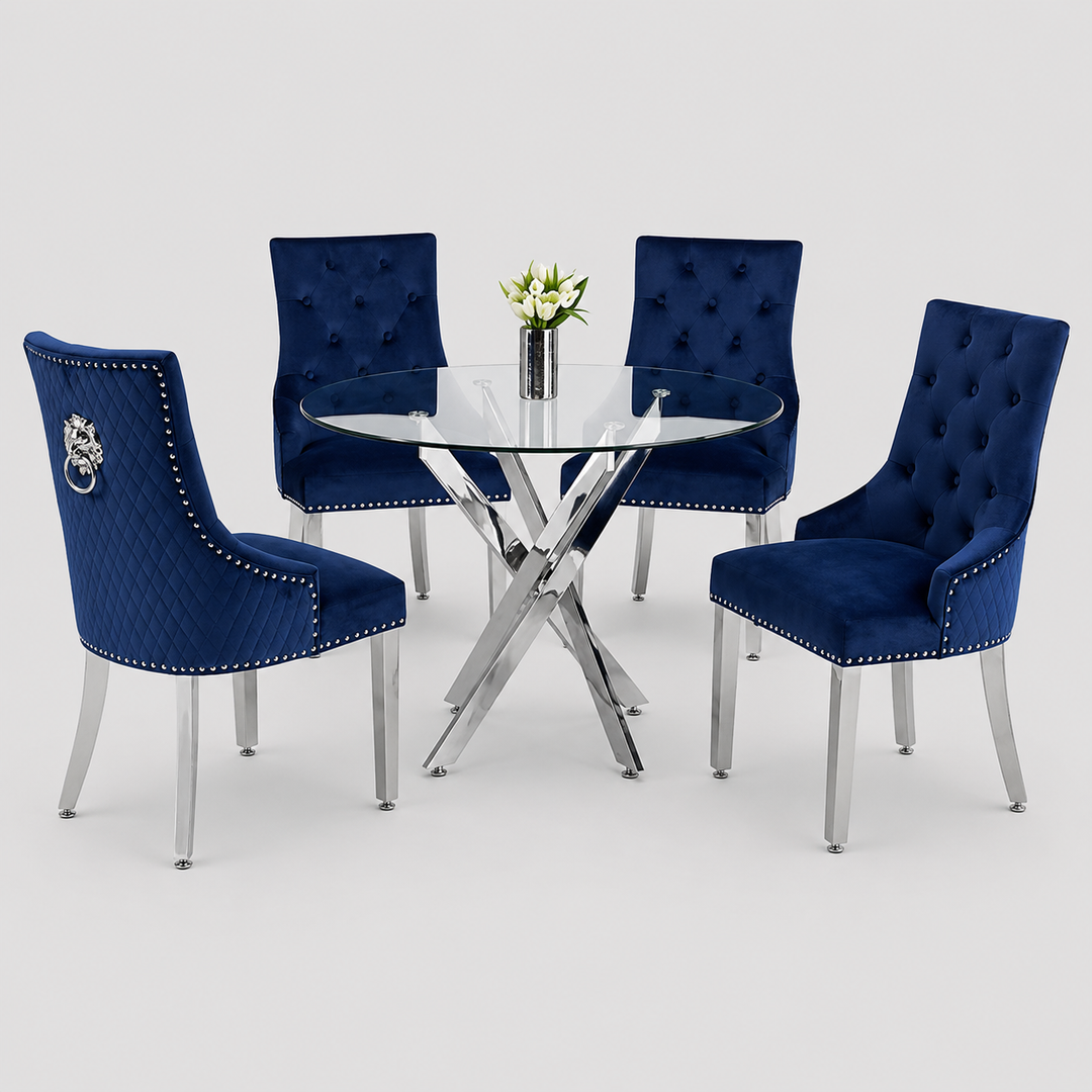 Rovenza 5-Piece Dinette Set – Tempered Clear Glass Table with Chrome Legs & Blue Velvet Lion Knocker Chairs