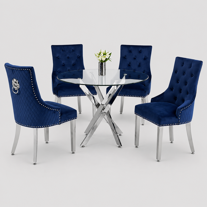 Rovenza 5-Piece Dinette Set – Tempered Clear Glass Table with Chrome Legs & Blue Velvet Lion Knocker Chairs