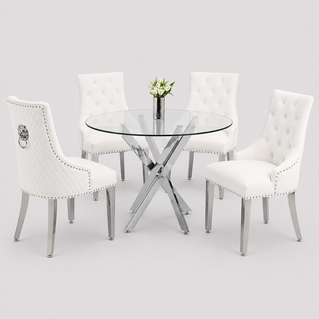 Rovenza 5-Piece Dinette Set – Tempered Clear Glass Table with Chrome Legs & Cream Velvet Lion Knocker Chairs