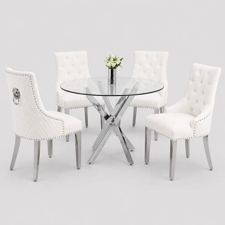Rovenza 5-Piece Dinette Set – Tempered Clear Glass Table with Chrome Legs & Cream Velvet Lion Knocker Chairs