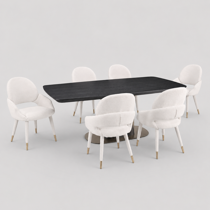 Eden Modern Dining Table Set For 6 With Fabric Upholstered Chairs - Beige/ Black | Timeless, Stylish, Sturdy & Comfortable