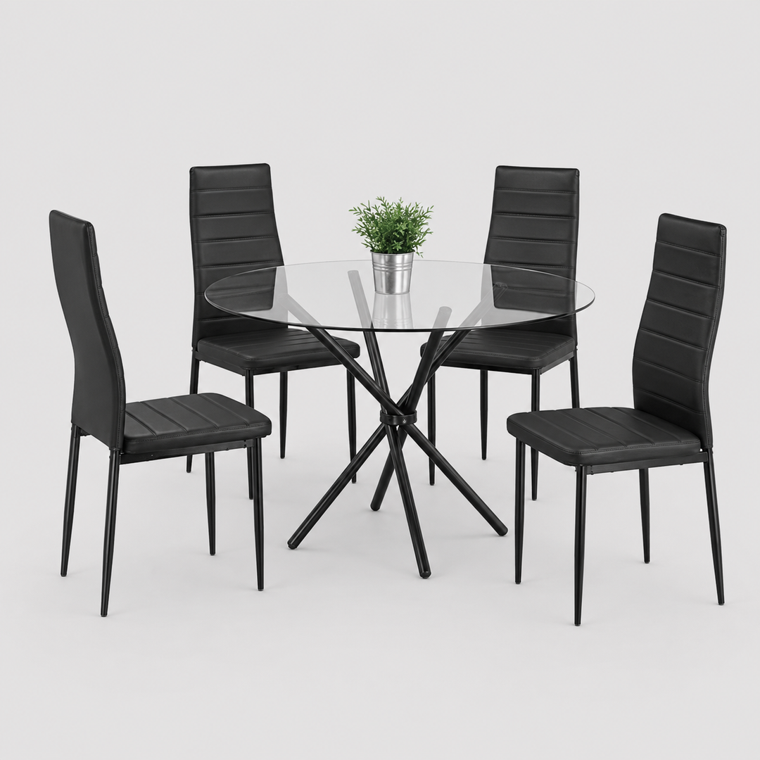 Ovencia 5-Piece Dinette Set – Tempered Glass Table with Black PU Chairs