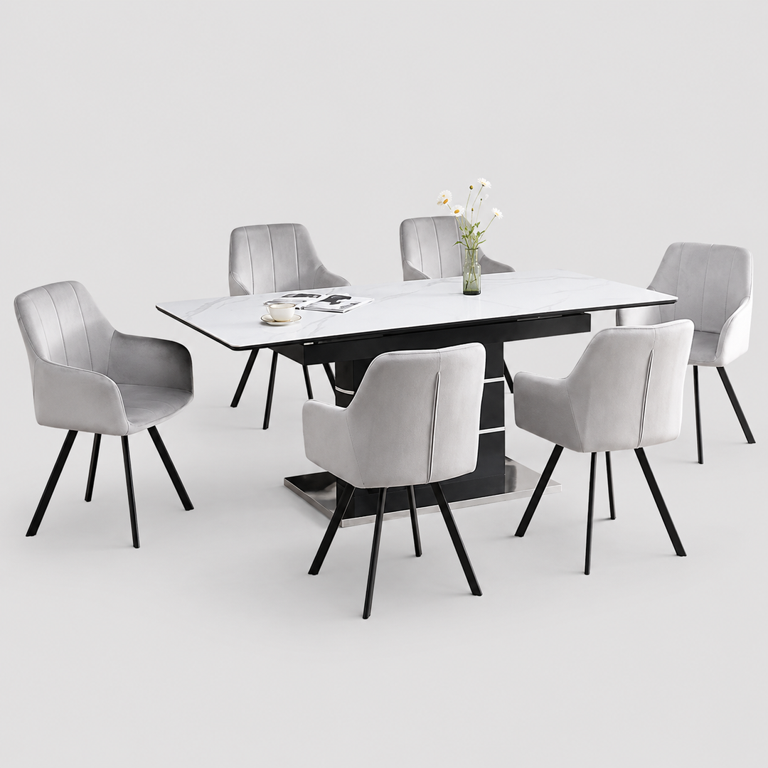 Tervano 7-Piece Dinette Set – Snowy White Marble Extension Table with Grey Velvet Swivel Chairs