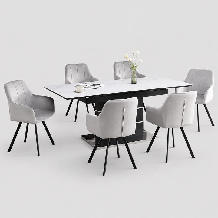 Tervano 7-Piece Dinette Set – Snowy White Marble Extension Table with Grey Velvet Swivel Chairs