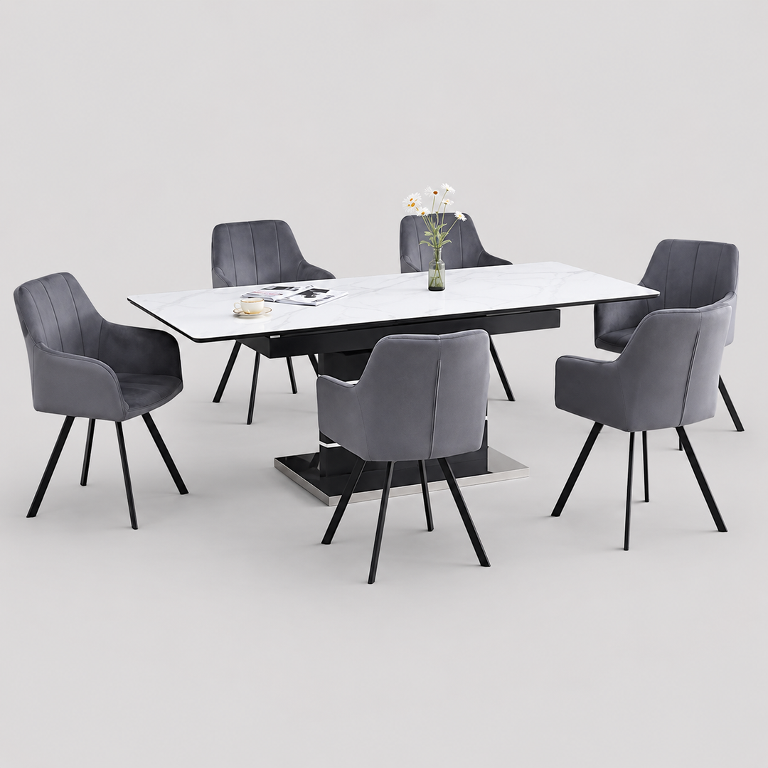 Tervano 7-Piece Dinette Set – Snowy White Marble Extension Table with Grey Velvet Swivel Chairs