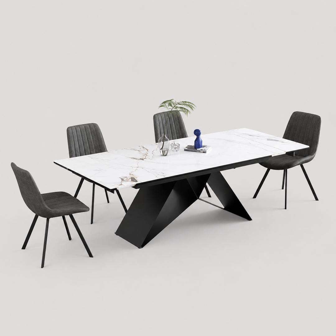 Zorvella 7-Piece Dinette Set – Sintered Stone Chanel Marble Extension Table with X-Shape Black Steel Base & Soft Grey PU Chairs
