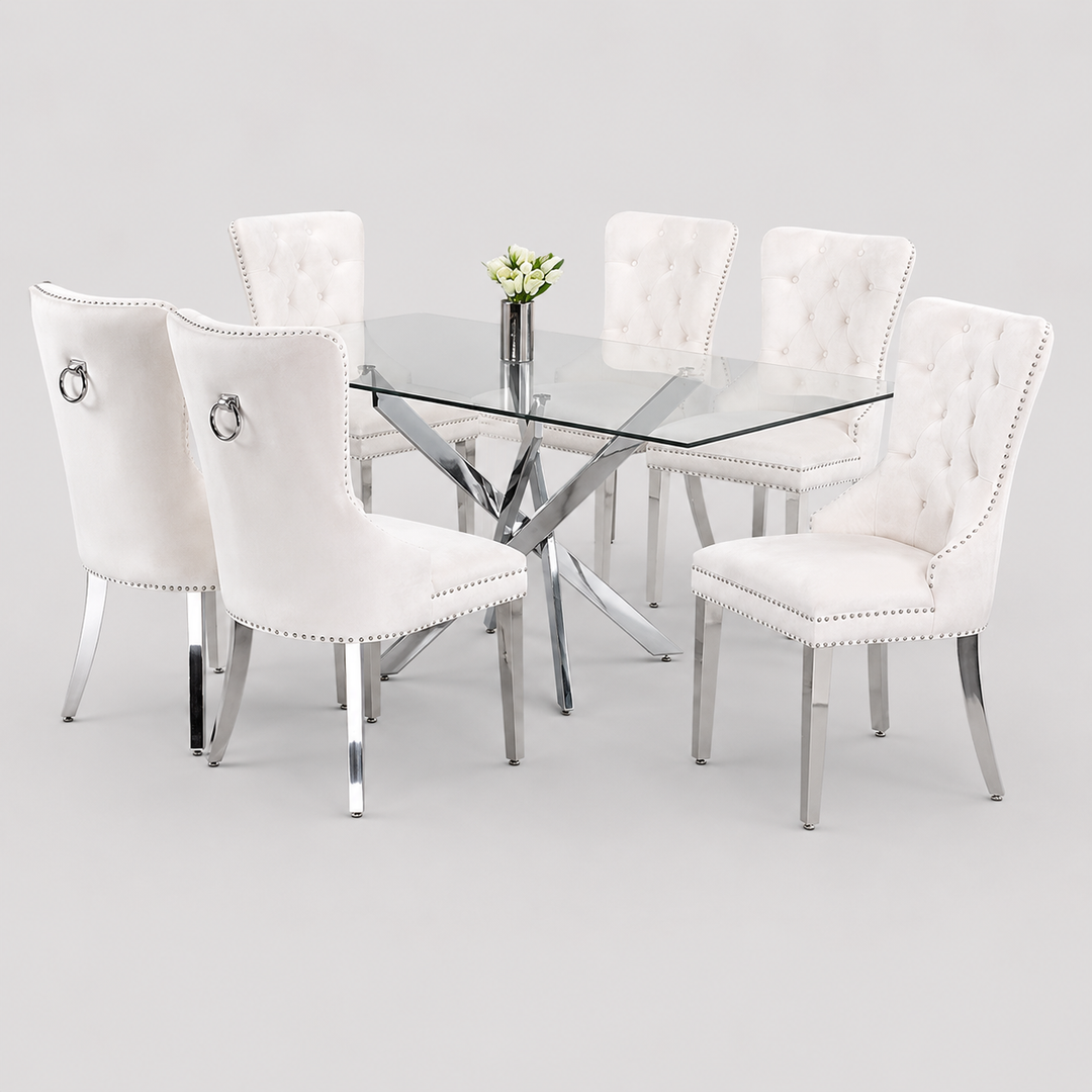 Elvanya 7-Piece Dinette Set – Tempered Clear Glass Table with Chrome Legs & Cream Velvet Knocker Chairs