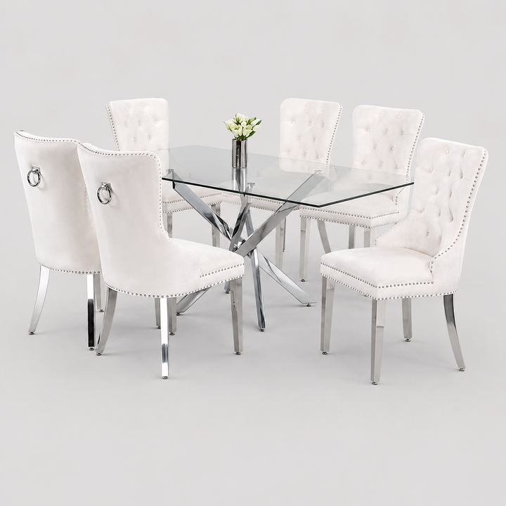 Elvanya 7-Piece Dinette Set – Tempered Clear Glass Table with Chrome Legs & Cream Velvet Knocker Chairs
