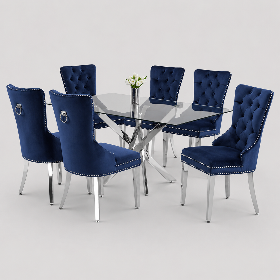 Elvanya 7-Piece Dinette Set – Tempered Clear Glass Table with Chrome Legs & Blue Velvet Knocker Chairs