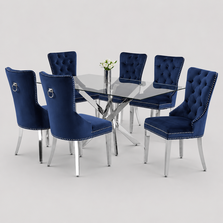 Elvanya 7-Piece Dinette Set – Tempered Clear Glass Table with Chrome Legs & Blue Velvet Knocker Chairs