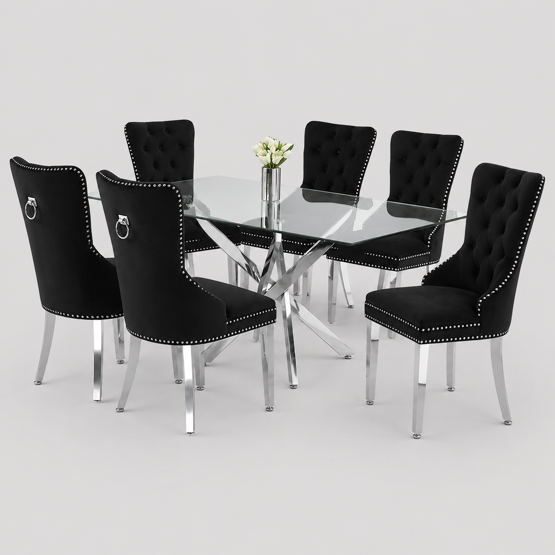 Elvanya 7-Piece Dinette Set – Tempered Clear Glass Table with Chrome Legs & Black Velvet Knocker Chairs