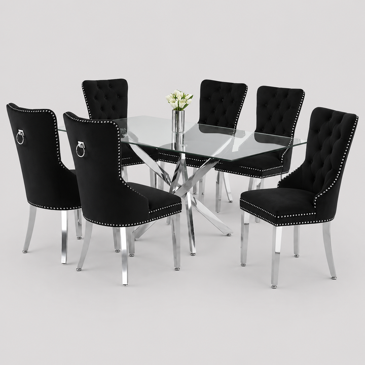 Elvanya 7-Piece Dinette Set – Tempered Clear Glass Table with Chrome Legs & Black Velvet Knocker Chairs