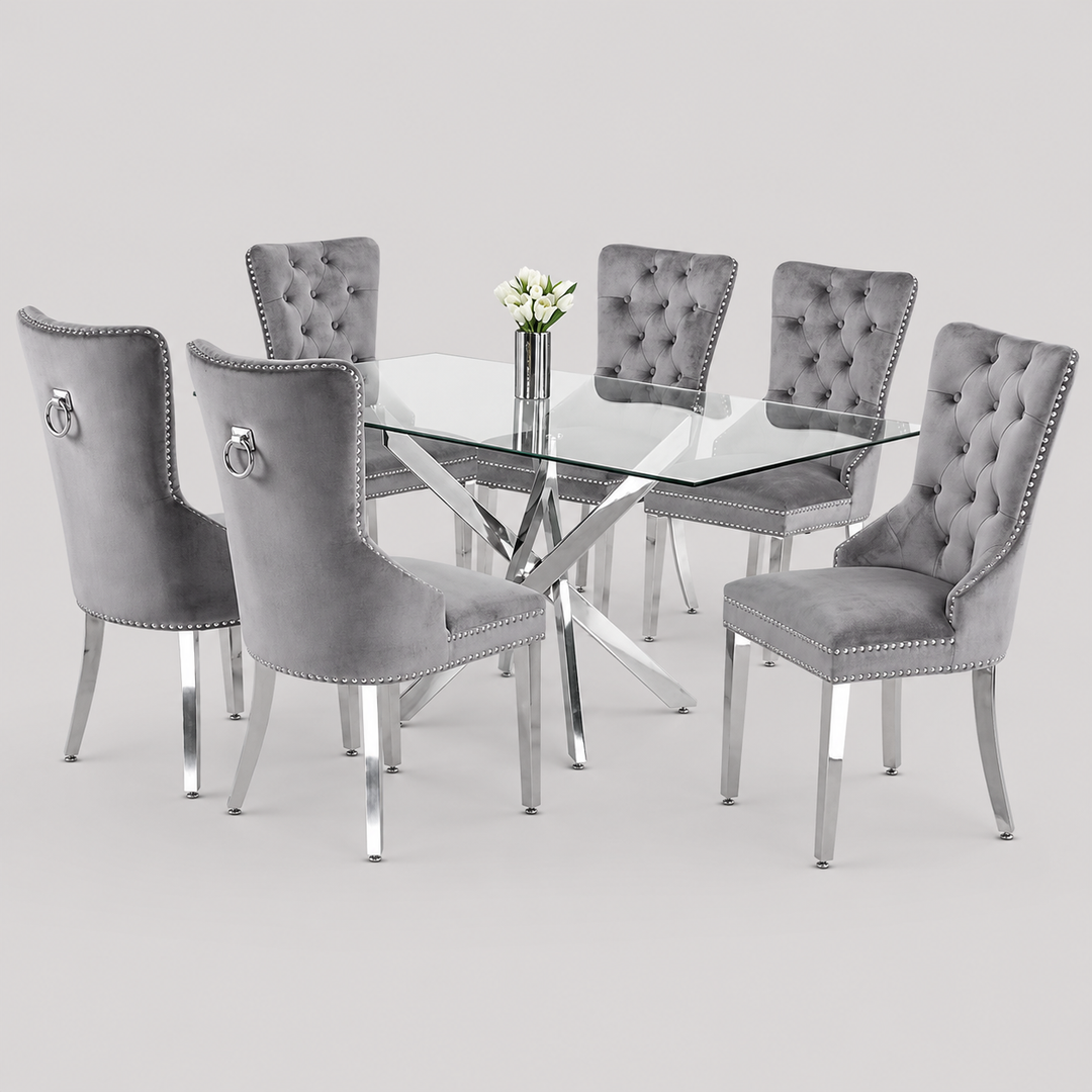 Elvanya 7-Piece Dinette Set – Tempered Clear Glass Table with Chrome Legs & Grey Velvet Knocker Chairs