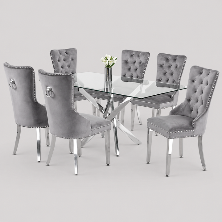 Elvanya 7-Piece Dinette Set – Tempered Clear Glass Table with Chrome Legs & Grey Velvet Knocker Chairs