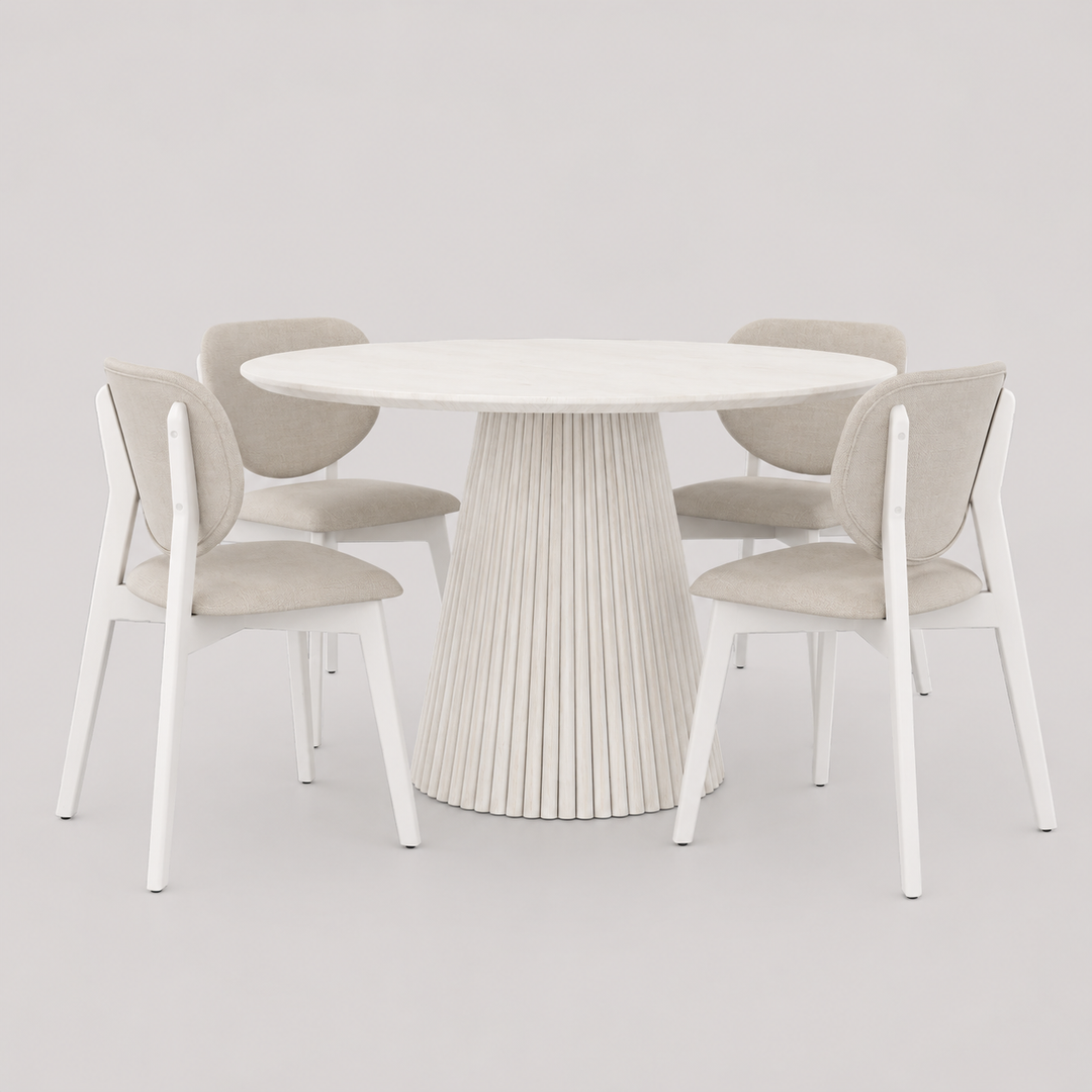 Driftwood Modern Dining Table Set For 5 With Fabric Upholstered Chairs - White Wash | Stylish, Durable & Comfortable