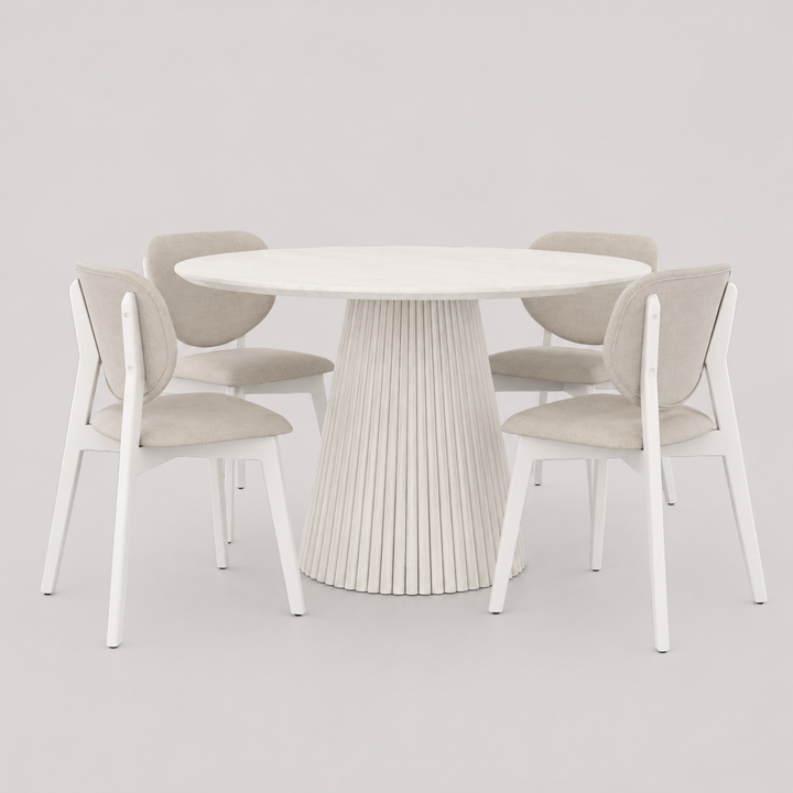 Driftwood Modern Dining Table Set For 5 With Fabric Upholstered Chairs - White Wash | Stylish, Durable & Comfortable
