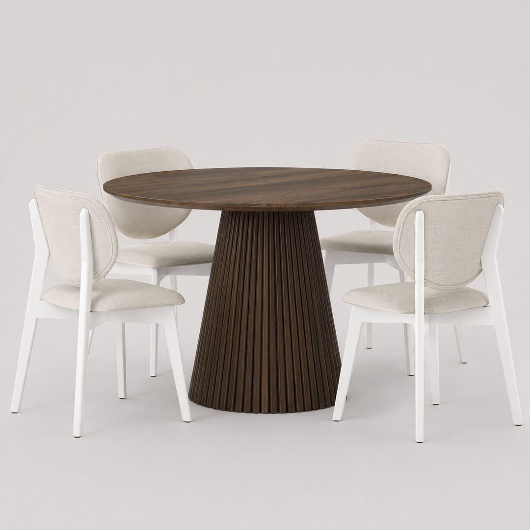 Driftwood Modern Dining Table Set For 5 With Fabric Upholstered Chairs - White Wash/ Walnut | Stylish, Durable & Comfortable