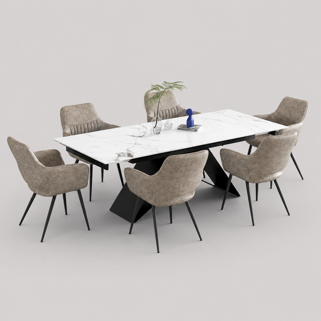 Velnaro 7-Piece Dinette Set – Sintered Stone Chanel Marble Extension Table with X-Shape Black Steel Base & Mushroom PU Armrest Chairs