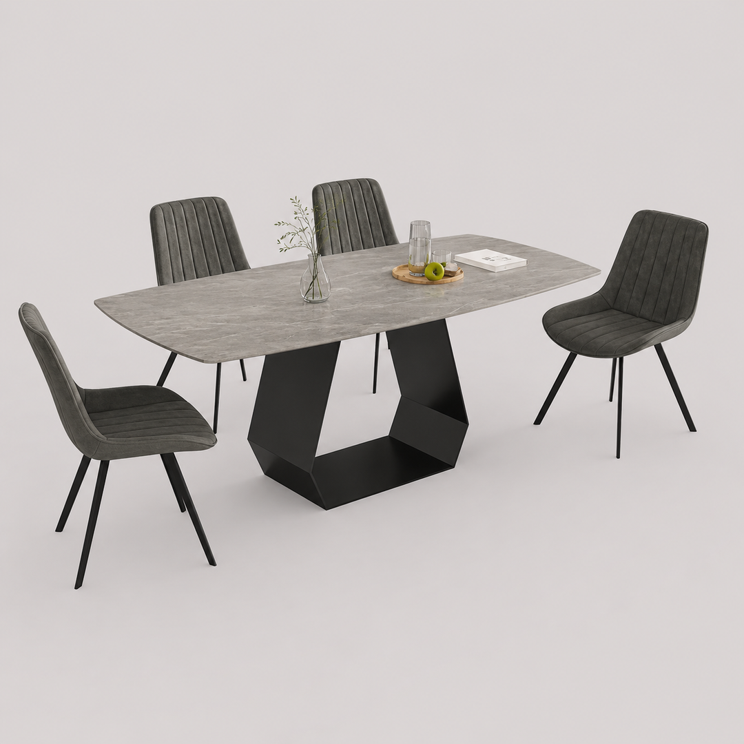 Norvian 7-Piece Dinette Set – Sintered Stone Armani Grey Marble Table with Carbon Black Steel Base & Soft Grey PU Chairs