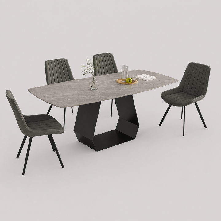 Norvian 7-Piece Dinette Set – Sintered Stone Armani Grey Marble Table with Carbon Black Steel Base & Soft Grey PU Chairs
