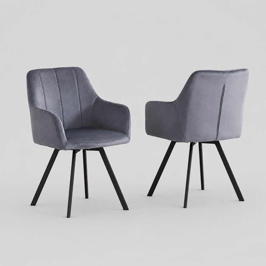 Norviano 2-Piece Modern Swivel Accent Chair Set in Dark Grey Velvet with Vertical Stitching, Integrated Armrests, Black Metal Legs and 360° Swivel Base