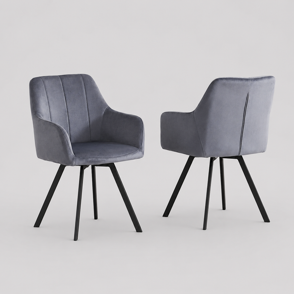 Norviano 2-Piece Modern Swivel Accent Chair Set in Dark Grey Velvet with Vertical Stitching, Integrated Armrests, Black Metal Legs and 360° Swivel Base