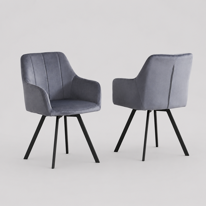 Norviano 2-Piece Modern Swivel Accent Chair Set in Dark Grey Velvet with Vertical Stitching, Integrated Armrests, Black Metal Legs and 360° Swivel Base