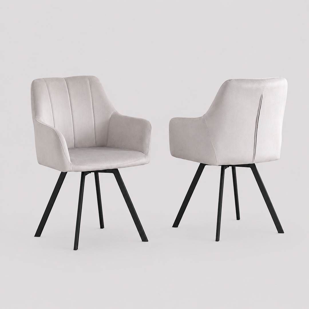 Norviano 2-Piece Modern Swivel Accent Chair Set in Light Grey Velvet with Vertical Stitching, Integrated Armrests, Black Metal Legs and 360° Swivel Base