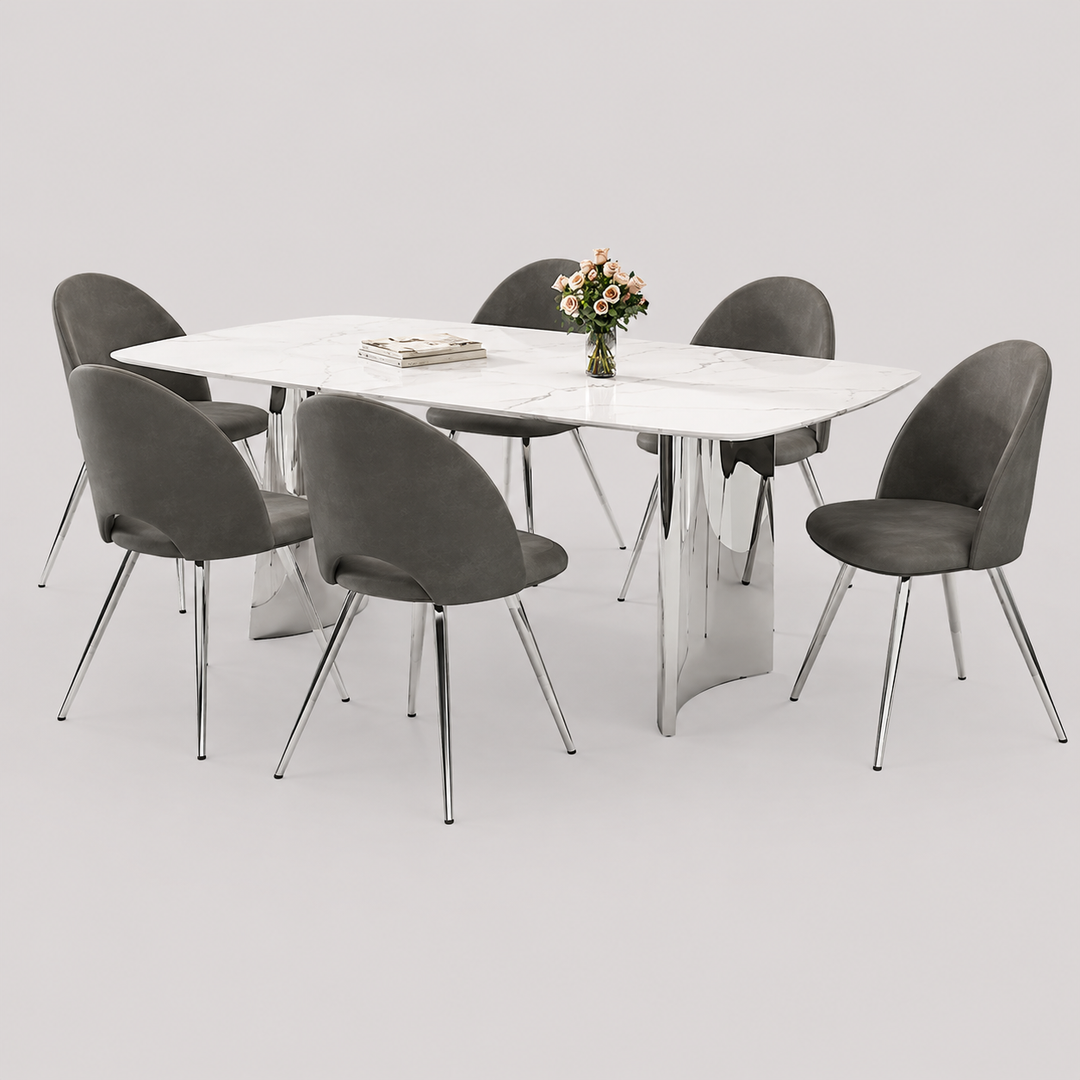 Avionza 7-Piece Dinette Set – Sintered Stone Snow White Marble Table with Stainless Steel Base & Soft Grey PU Chairs