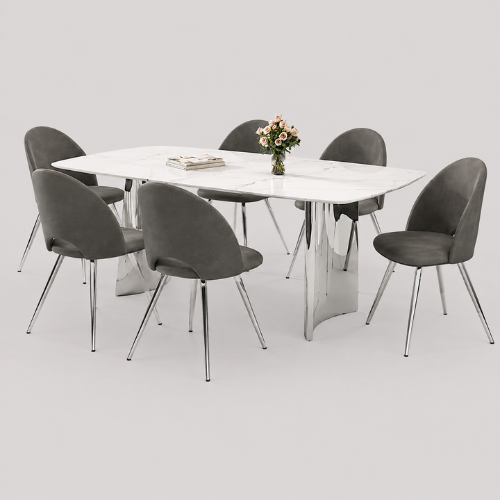 Avionza 7-Piece Dinette Set – Sintered Stone Snow White Marble Table with Stainless Steel Base & Soft Grey PU Chairs