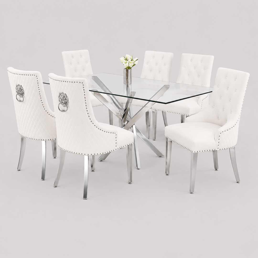 Zorvexo 7-Piece Dinette Set – Tempered Clear Glass Table with Chrome Legs & Cream Velvet Lion Knocker Chairs