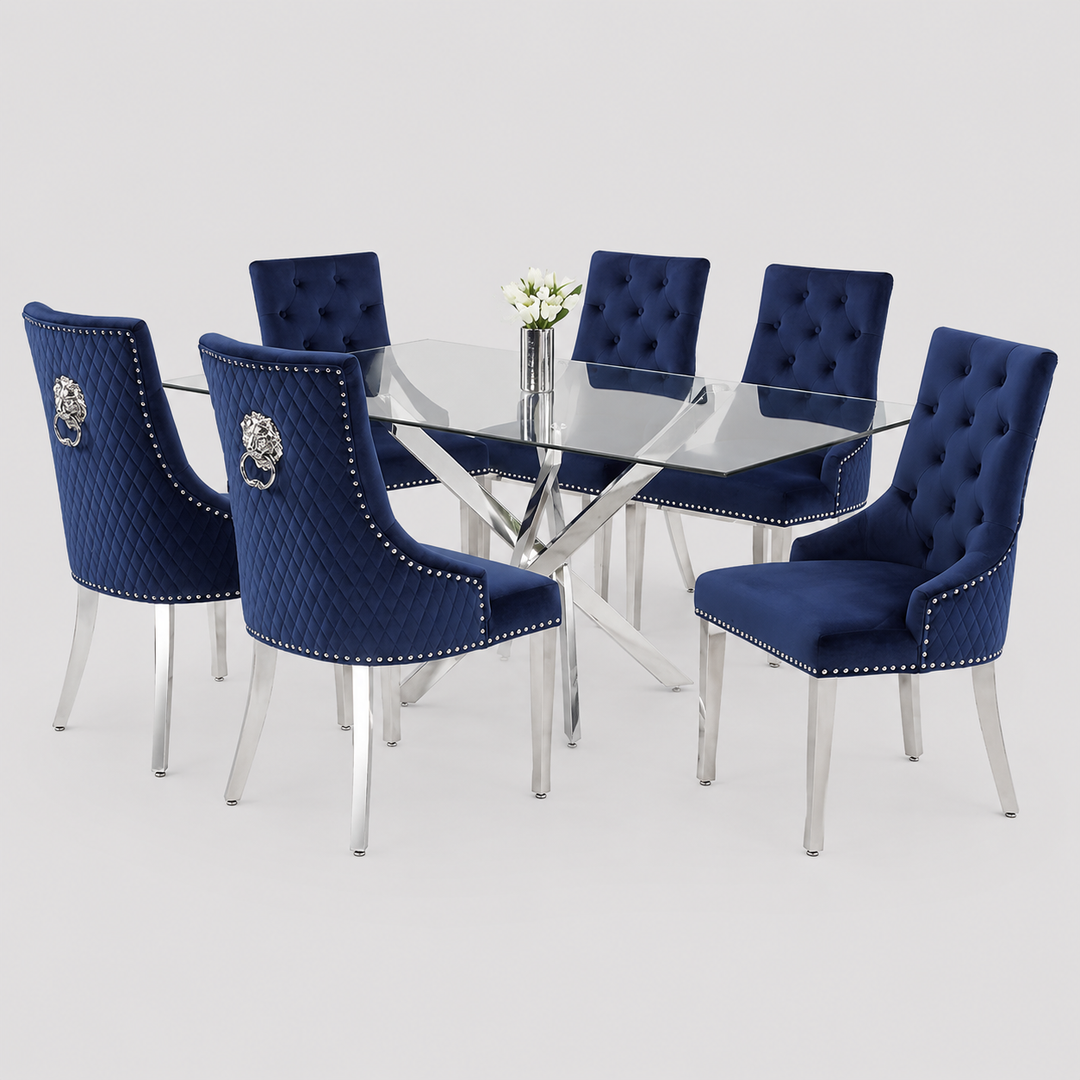 Zorvexo 7-Piece Dinette Set – Tempered Clear Glass Table with Chrome Legs & Blue Velvet Lion Knocker Chairs