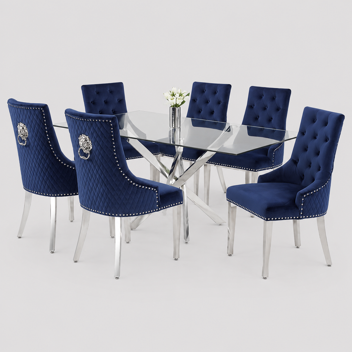 Zorvexo 7-Piece Dinette Set – Tempered Clear Glass Table with Chrome Legs & Blue Velvet Lion Knocker Chairs