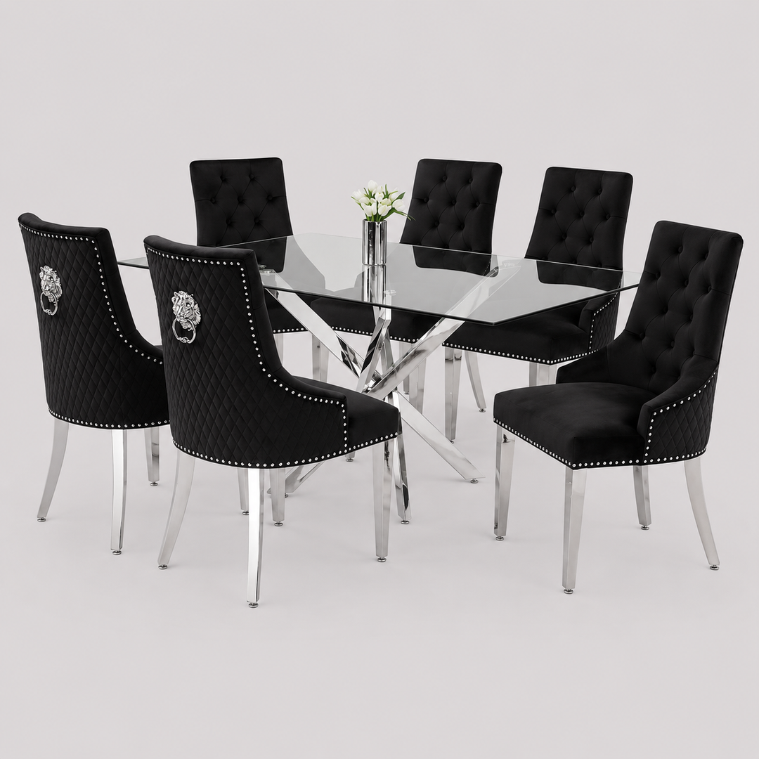 Zorvexo 7-Piece Dinette Set – Tempered Clear Glass Table with Chrome Legs & Black Velvet Lion Knocker Chairs