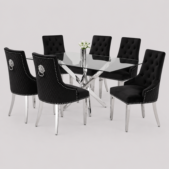 Zorvexo 7-Piece Dinette Set – Tempered Clear Glass Table with Chrome Legs & Black Velvet Lion Knocker Chairs