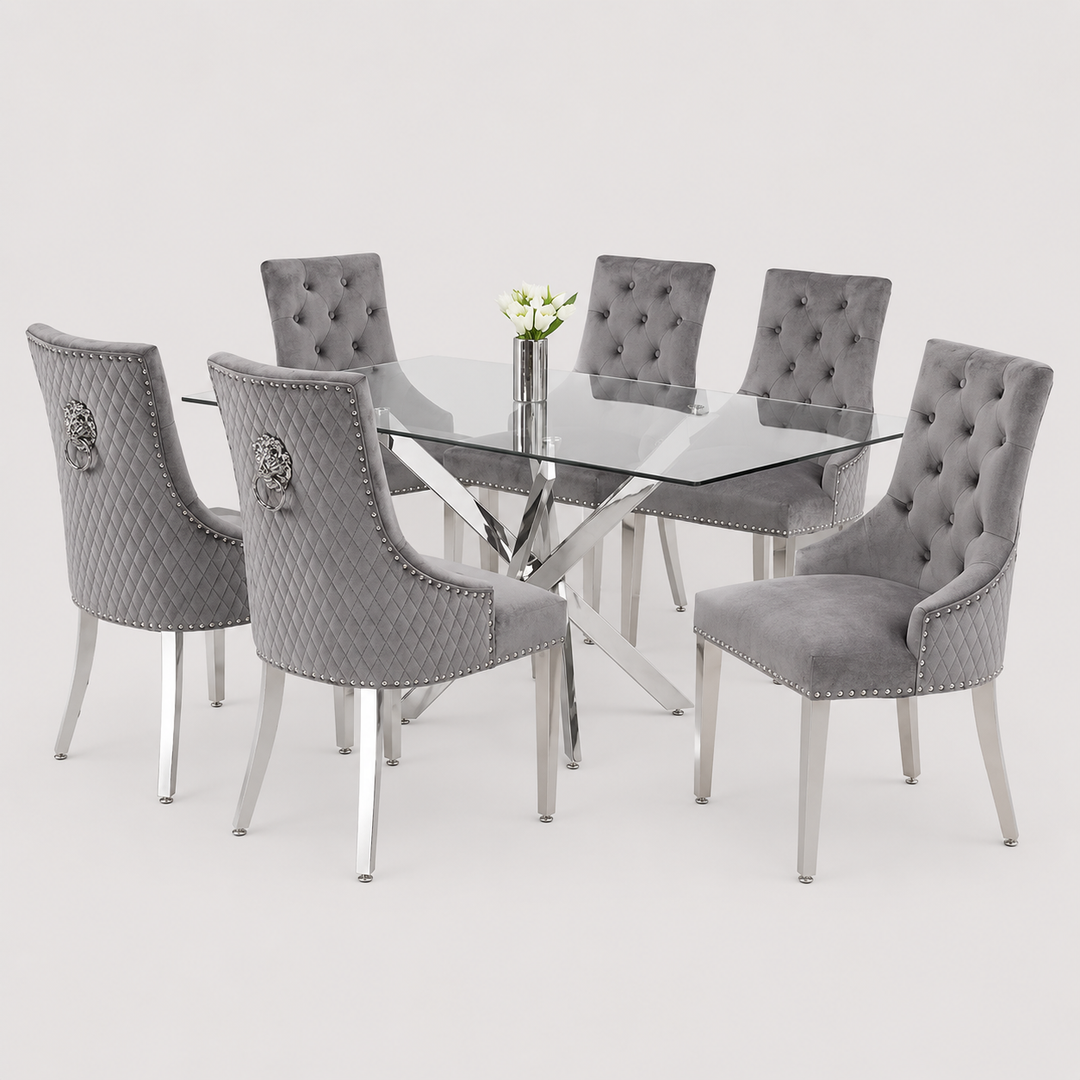Zorvexo 7-Piece Dinette Set – Tempered Clear Glass Table with Chrome Legs & Grey Velvet Lion Knocker Chairs