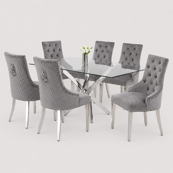 Zorvexo 7-Piece Dinette Set – Tempered Clear Glass Table with Chrome Legs & Grey Velvet Lion Knocker Chairs