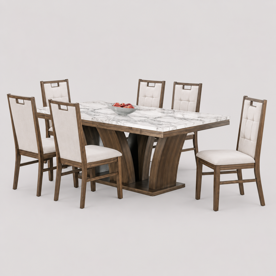 Sylviano 7-Piece Dinette Set – Rustic Brown Faux Marble Table with Rubber Wood Base &amp; Fabric Upholstered Chairs