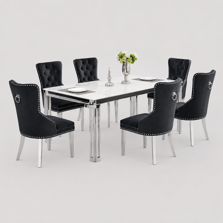 Armelia 7-Piece Dining Set – Black Ceramic Marble Table with Black Velvet Tufted Chairs