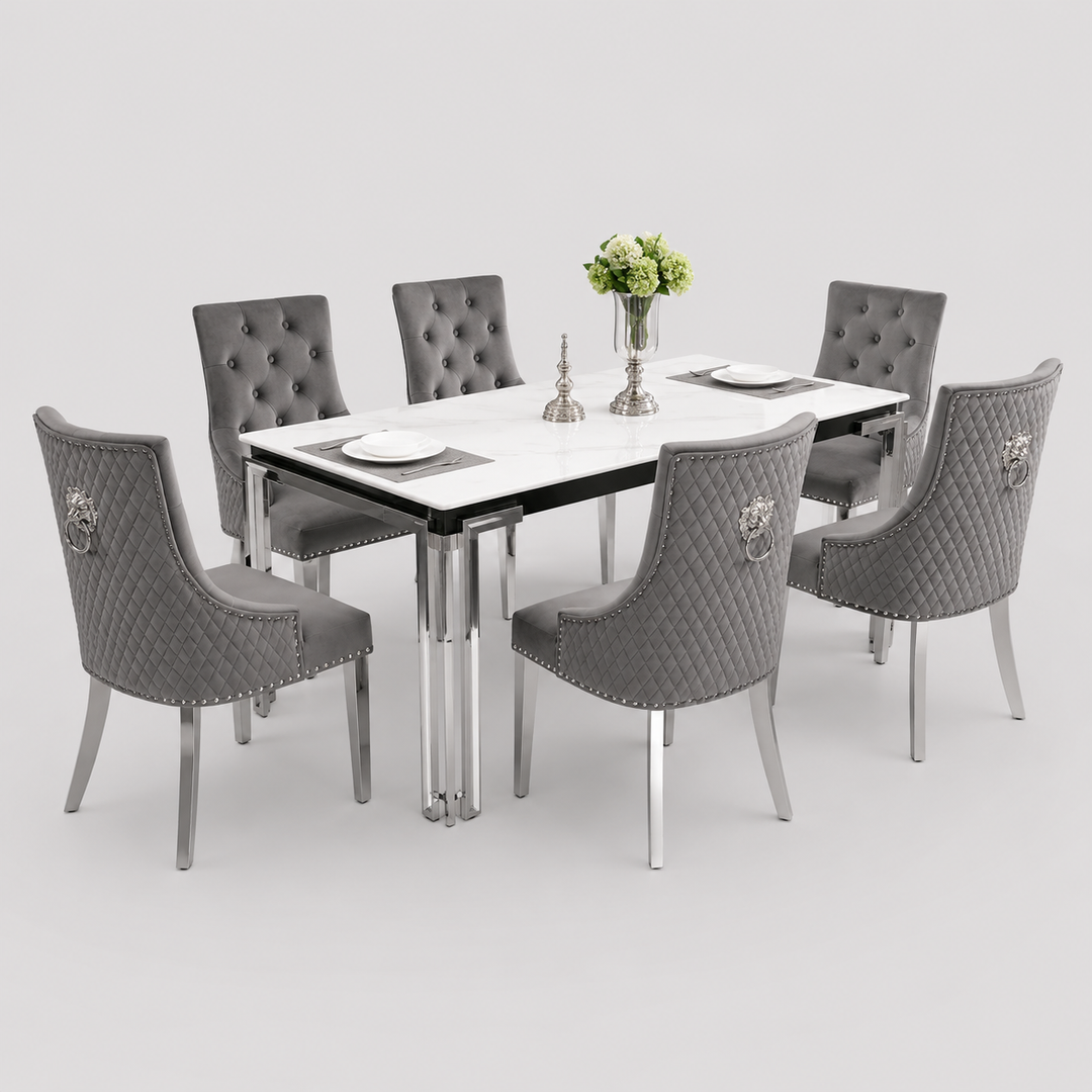 Armelia 7-Piece Dining Set – Ceramic Marble Table with Grey Velvet Lion Knocker Chairs