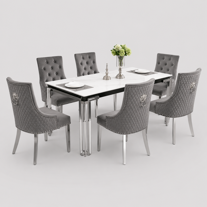 Armelia 7-Piece Dining Set – Ceramic Marble Table with Grey Velvet Lion Knocker Chairs