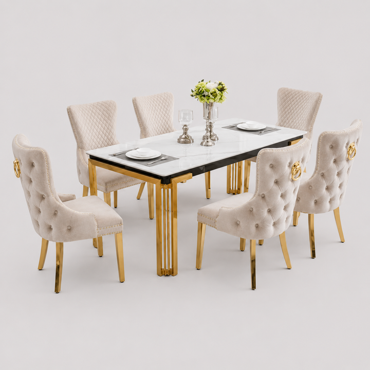 Lumetra 7-Piece Dining Set – Ceramic Marble Table with Creme Velvet Gold Accent Chairs
