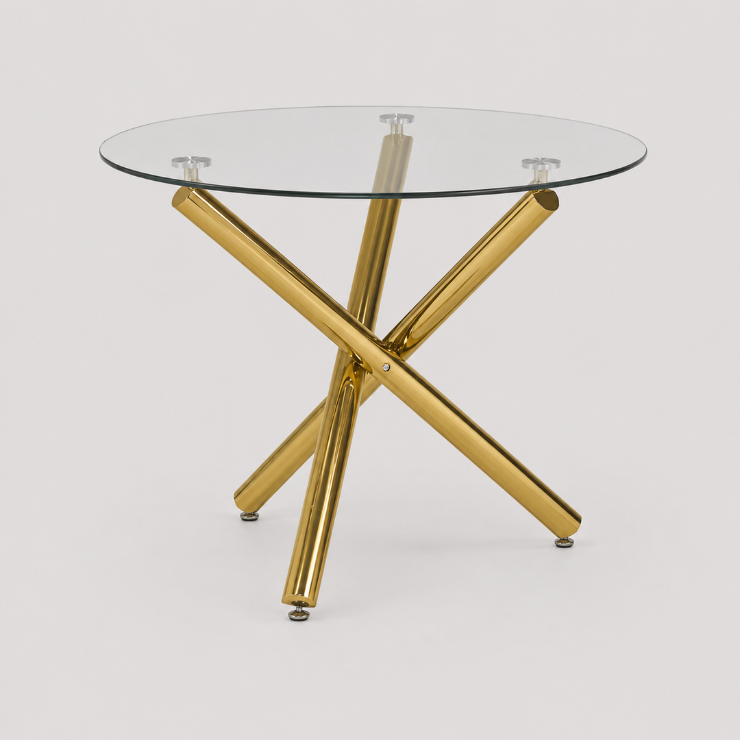 Marcell Contemporary Glass Dining Table with Gold Finished Legs & Modern X-Frame Base