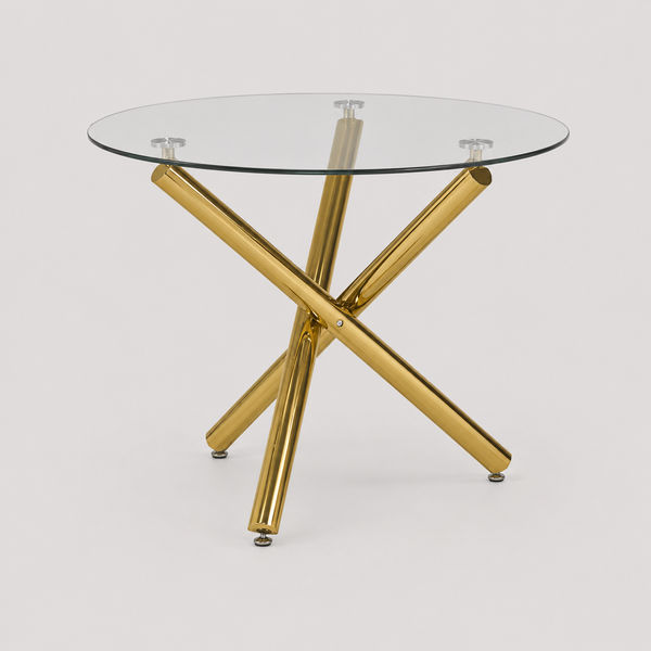 Marcell Contemporary Glass Dining Table with Gold Finished Legs & Modern X-Frame Base