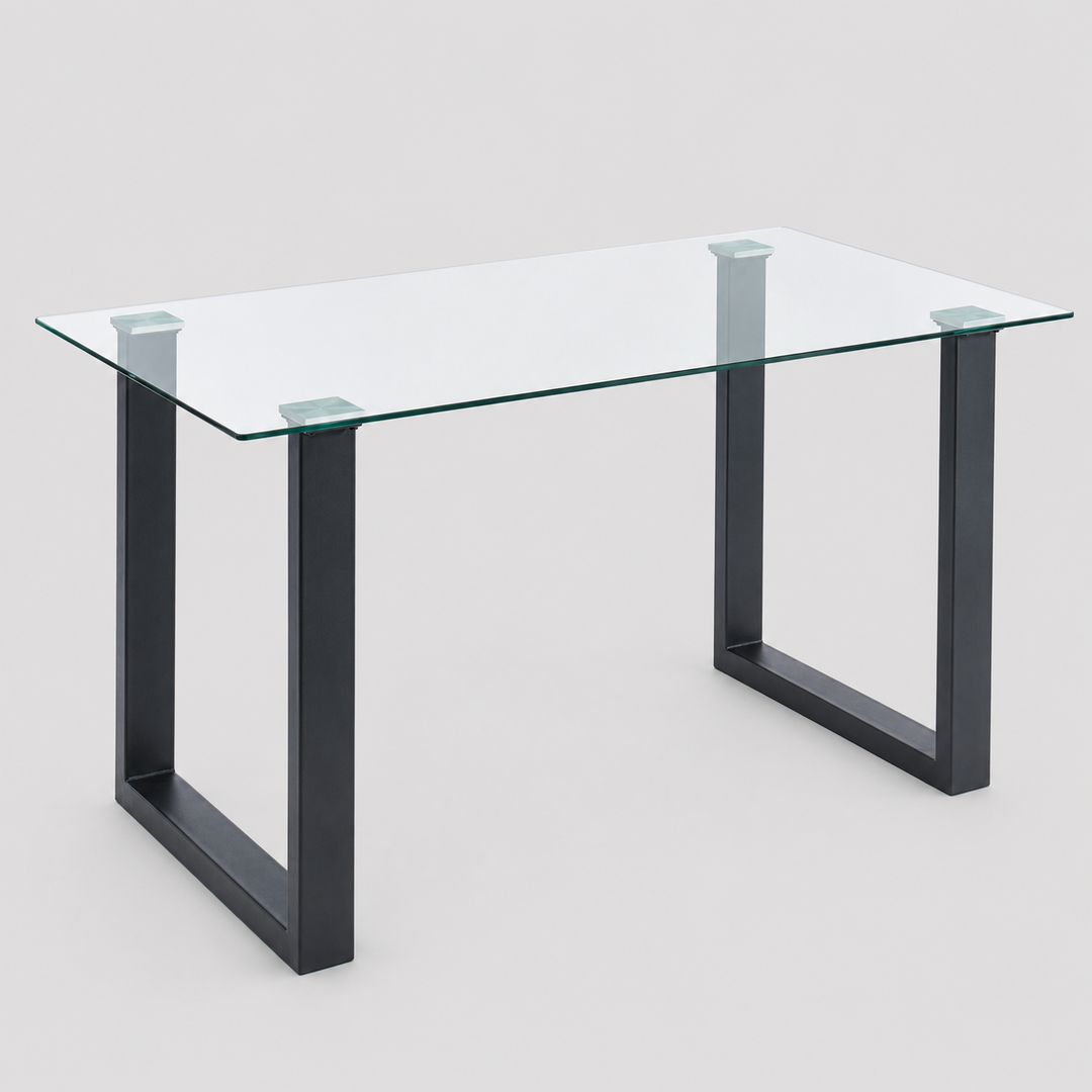 Alvara Contemporary Glass Dining Table – Rectangular 8mm Tempered Glass Top with Black Metal Legs and Brushed Stainless Steel Holders Compact Modern Dining Table